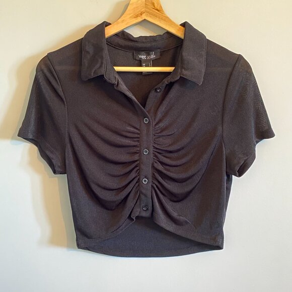 Sheer Black Button Up Crop Top with Ruching and Collar Stretch Polo Y2K Wet Seal - Picture 7 of 7